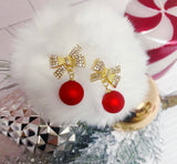 Red Pearl Ornament Bow Christmas Earrings