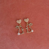 Rhinestone and Pearl Bunny Dangle Earrings