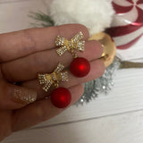 Red Pearl Ornament Bow Christmas Earrings